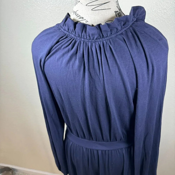 Boden Jersey Knit Long Sleeve Navy Blue Maxi Long Dress Ruffle Neck Sz 8 - Picture 7 of 11